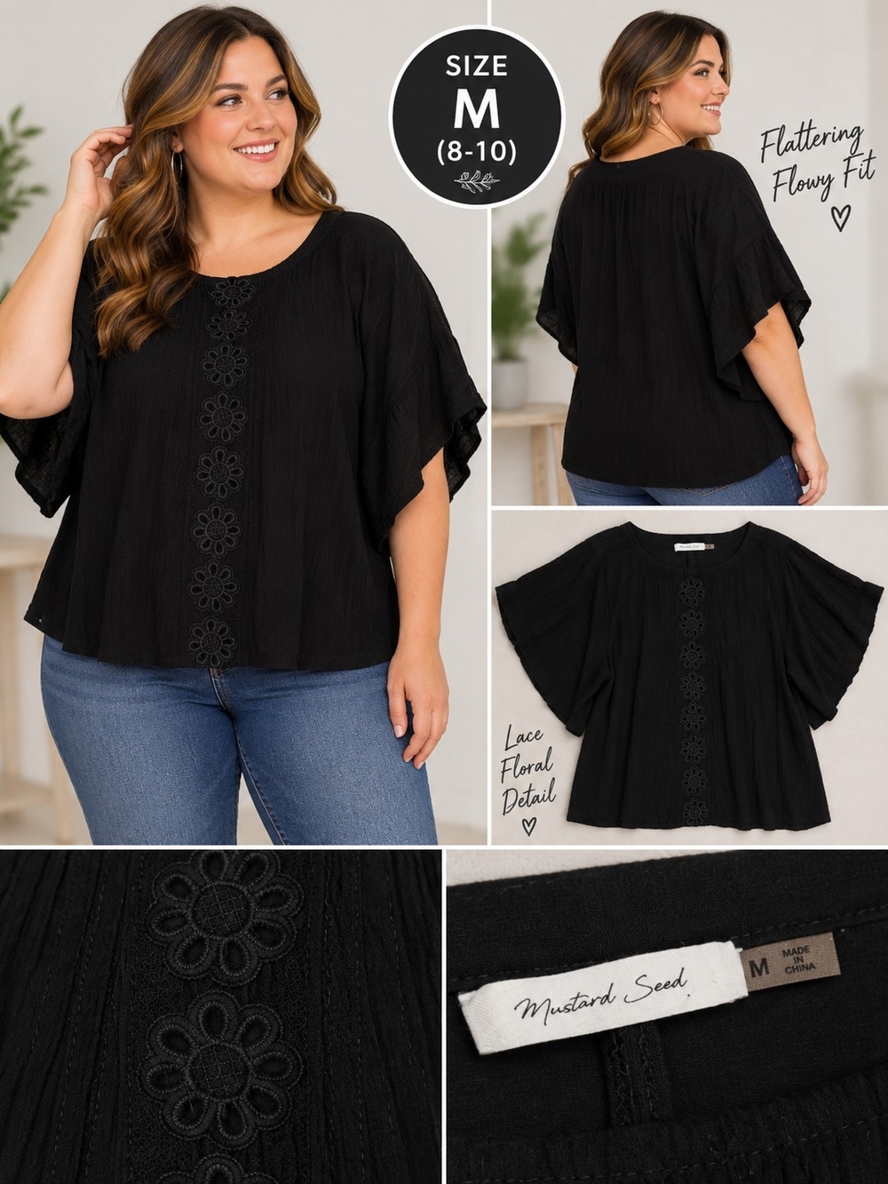 Mustard seed women's medium black lace floral wing blouse #31